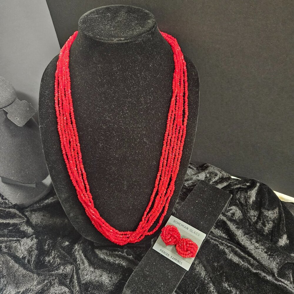 Red Bohemian Glass beaded Necklace and Earrings - 14"
